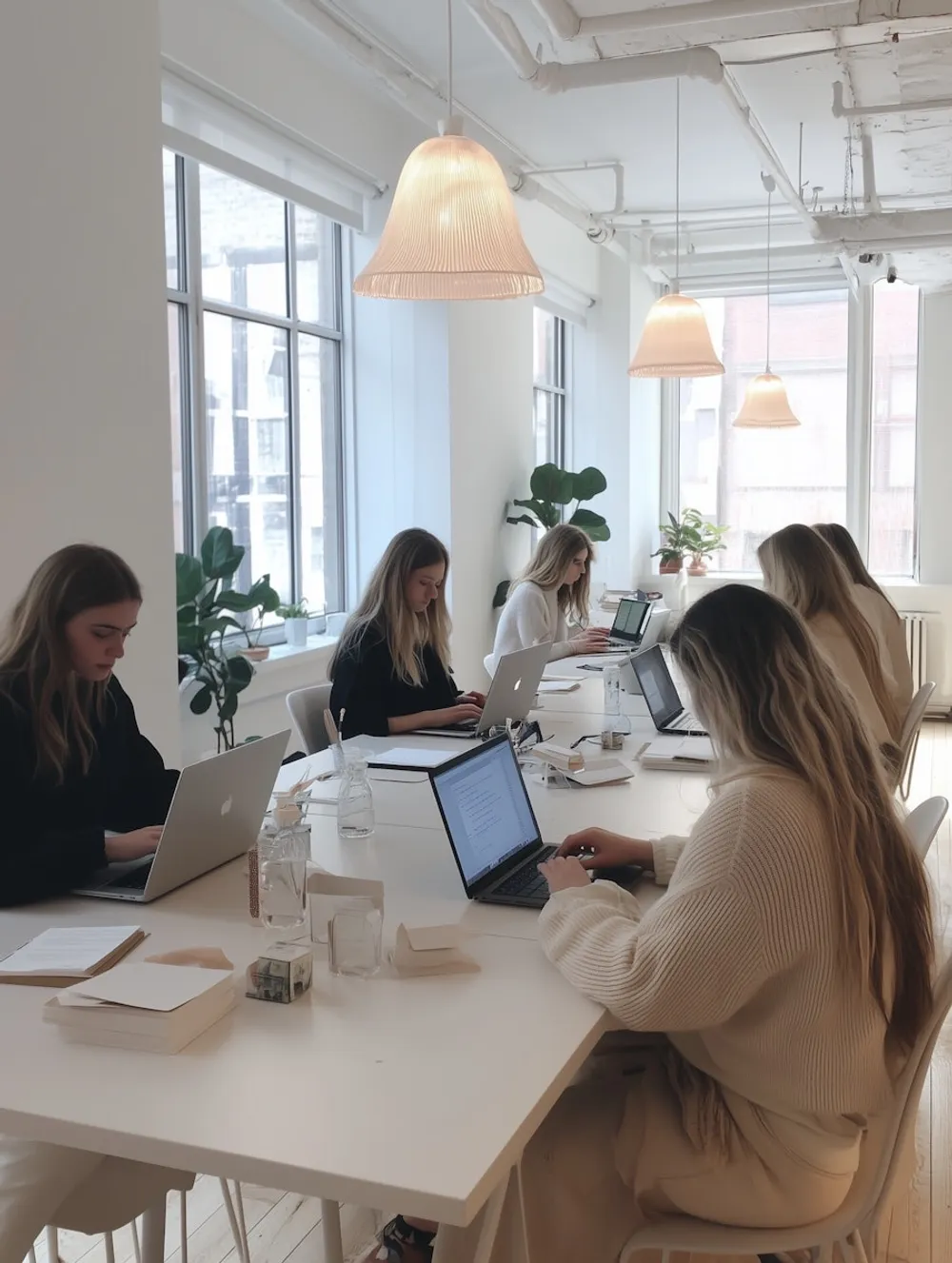 Workers at computers in a bright office