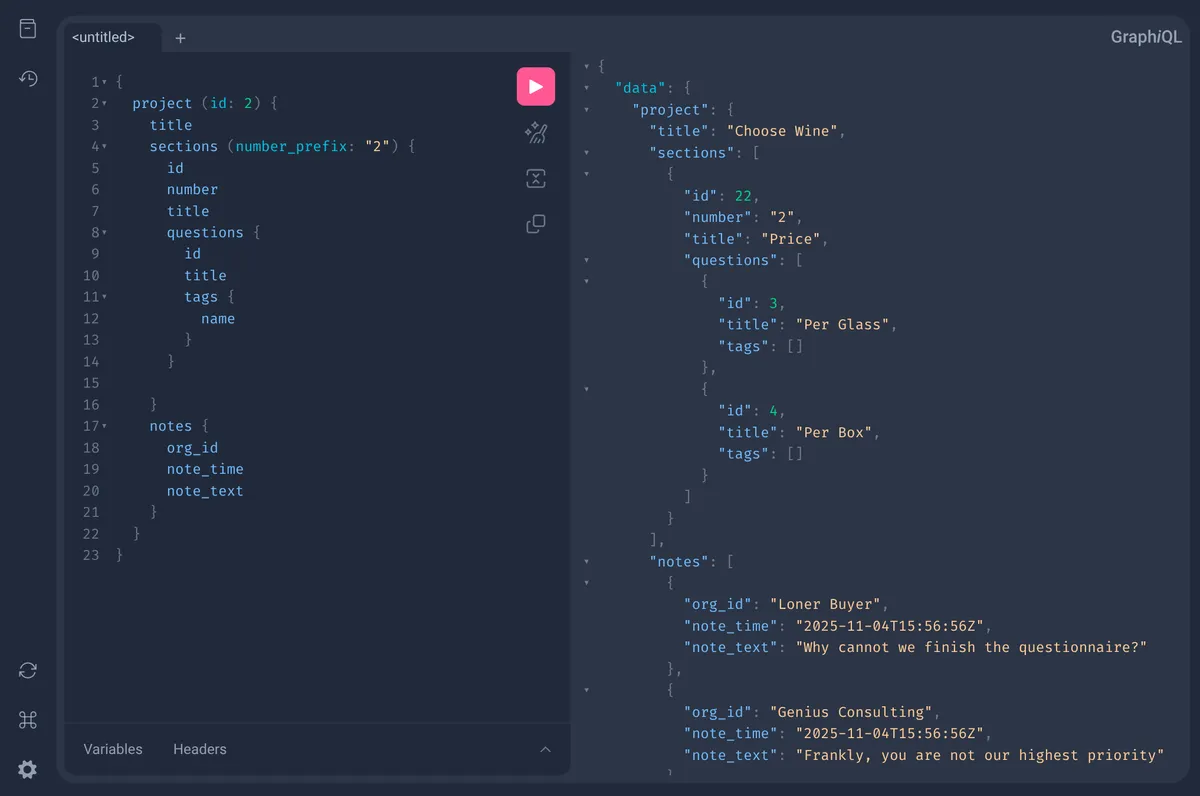 Screenshot of RiskNodes's GraphQL querying capability